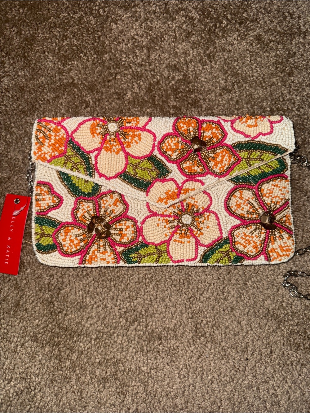 Kelly & Katie Beaded Floral Envelope Clutch in White, Orange, Pink, Green